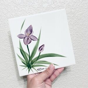 Gorgeous Hand Painted White Purple Iris Flower Ceramic Tile Art Trivet Signed